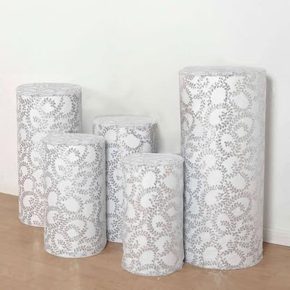 Efavormart Set of 5 Silver Sequin Mesh Cylinder Display Box Stand Covers with Leaf Vine Embroidery, Sparkly Sheer Tulle Pedestal Pillar Prop Covers - color: Silver, size: Sequin Mesh Cylinder Covers - Leaf Pattern