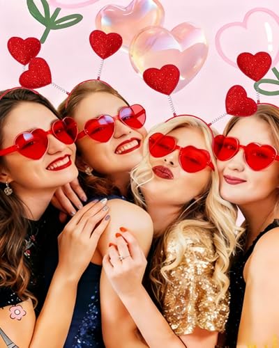 24 Piece Valentine's Day Heart Headbands and Sunglasses Set for Women and Men, Party Photo Props for Wedding, Birthday (Pink, Red) - color: Pink, Red