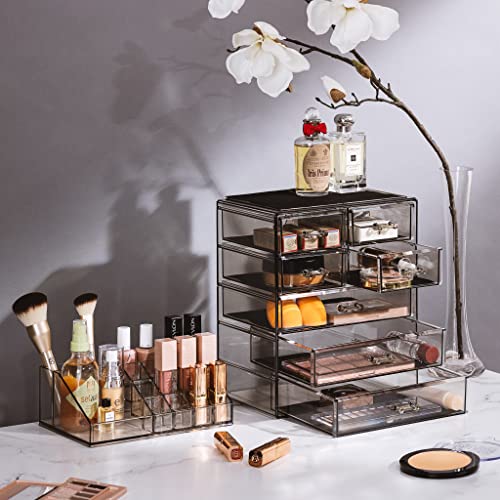 Sorbus Acrylic Makeup Organizer Set, 7-Drawer Vanity & Countertop Cosmetic Storage with Small & Wide Compartments, Black-Tint Makeup Storage for Brushes, Jewelry – Holiday Gift for Women & Teens - color: Black Jewel, size: 3 Large, 4 Small Drawers