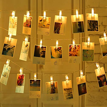 Photo Clips String Lights, 9.8Ft 20 LED Fairy Lights with Clips Battery Operated Warm White for Pictures Dorm Bedroom Wall Halloween Thanksgiving Christmas Party Wedding Décor