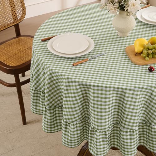 Romanstile Gingham Ruffled Tablecloth Round - Waterproof Linen Cotton Checkered Table Cloth, Outdoor Plaid Table Cover for Picnic, Camping, Party - 70 Inch, Sage - color: Sage Plaid, size: 70" (Round)
