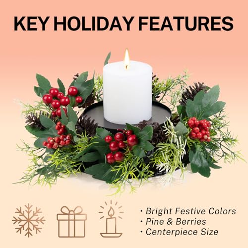 MOYEE Candle Holder Centerpieces for Tables,Candle Ring,Wreaths, Black Metal Candle Stick Paired Artificial Flowers 14 in Versatile Dining Table Centrepiece - color: Pinecone and Green Leaf Wreath