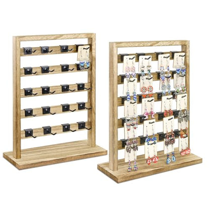 Ikee Design Free Assemble 2 Pcs Set Wooden Jewelry Display Rack with 20 Removable Metal Hooks/Each, Earring Display Holder Stand for Earring,Necklaces,Bracelet, Keychain Stand, Oak Color - color: b) Oak, 2 Pieces
