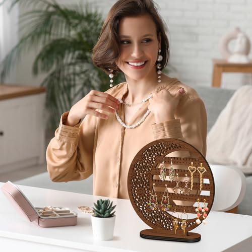Kathfly Large Boho Moon Earring Display Stand for Mother's Gift 10 Inch Wooden Floral Goth Earrings Stud Jewelry Holder Organizer Dangle Hanging Holder Gift for Women(Brown) - color: Brown
