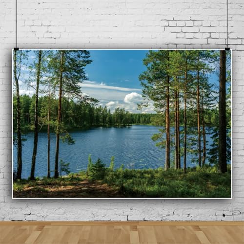 12x8ft Forest Lake Photo Backdrop Park Lakeside Green Trees Natural Scenery Background Banner Spring Summer Countryside Outdoor Picnic Camping Hiking Decor Kids Adults Portrait Studio Props - size: 12x8ft