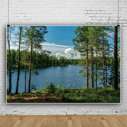 6x4ft Forest Lake Photo Backdrop Park Lakeside Green Trees Natural Scenery Background Banner Spring Summer Countryside Outdoor Picnic Camping Hiking Decor Kids Adults Portrait Studio Props - size: 6x4ft