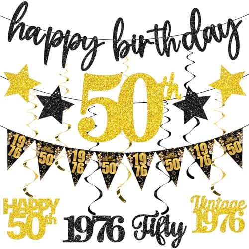 12PCS 50th Birthday Decorations for Men Women, Black Gold Vintage 1976 Happy 50th Birthday Banner Triangle Flag Banner Glitter Hanging Swirls Party Supplies, Cheers to 50 Years Old Bday Decor - style: Black Gold 50th
