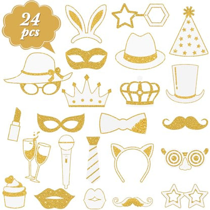 Zonon 24 Pcs Funny Photo Booth Props Class of 2026 Graduation Birthday Wedding Family Class Reunion Prom Disco Party Celebration Decoration Supplies Mix of Hats, Lipstick, Tie(White and Gold) - color: White and Gold