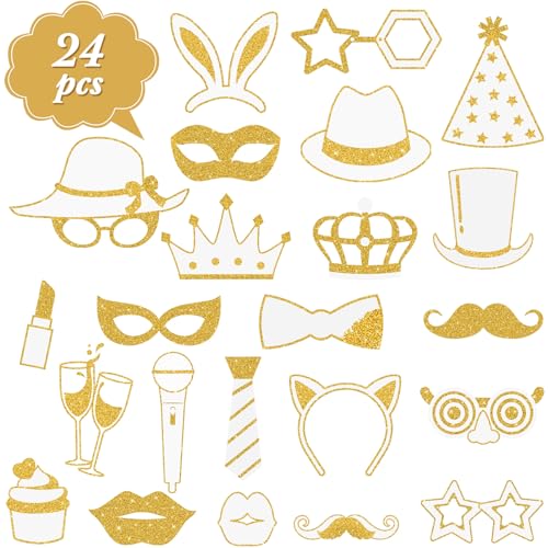Zonon 24 Pcs Funny Photo Booth Props Class of 2026 Graduation Birthday Wedding Family Class Reunion Prom Disco Party Celebration Decoration Supplies Mix of Hats, Lipstick, Tie(White and Gold) - color: White and Gold