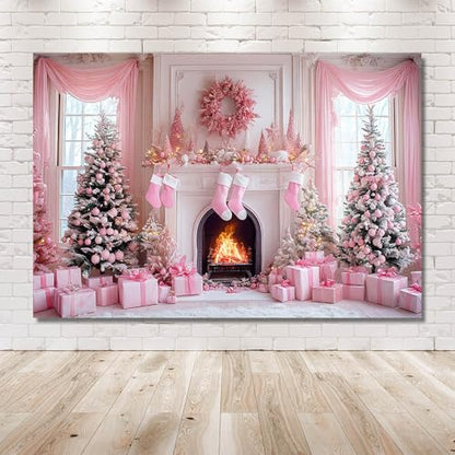 AIBIIN 8x6ft Pink Christmas Backdrop Pink Christmas Tree Fireplace Photography Background Winter Snow Scene Birthday Baby Shower Vinyl Photo Studio Props - color: Fireplace, size: 8x6ft