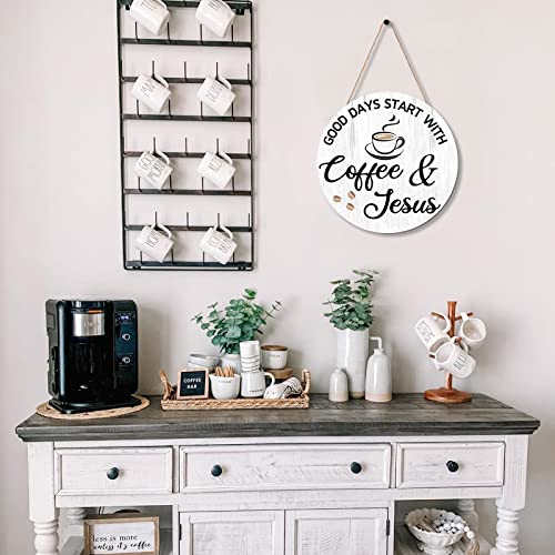 HMASYO Coffee Signs Wall Decor, Good Days Start with Coffee & Jesus, 12'' x 12'' Farmhouse Wood Signs Bar Decor for Home, Kitchen, Office, Cafe, Lover Gift - color: Good Days Start with Coffee & Jesus-White