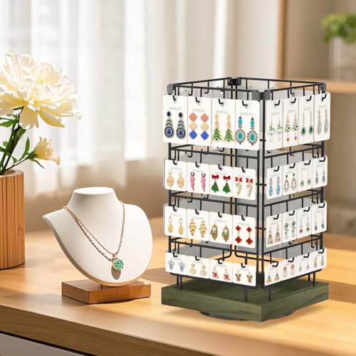 EsLuker.ly Rotating Earring Display Holder Stand for Vendors Events Selling, Large Capacity 64 Hooks Jewelry Rack with Wooden Base for Earring Card Sales, Enhances Retail Visibility(Rustic Gray) - color: Rustic Gray+Black