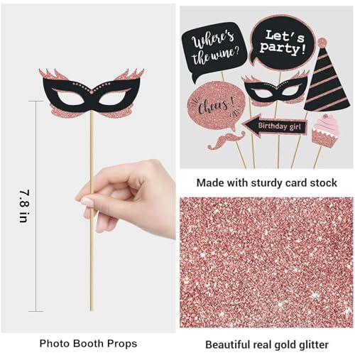 Party Birthday Photo Booth Props, 30Pcs Set of Happy Birthday Selfie Party Supplies with Real Glitter Cute Bday Designs for Women or Girls,Easy to Assemble(Rose Gold) - style: Party Birthday Props