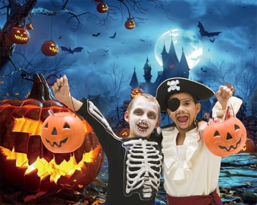 Halloween Backdrop 10x8ft Blue Horror Full Moon Night Pumpkin Lantern Bats Scary Castle Photography Background for Spooky Party Decorations Banner Photo Booth Props