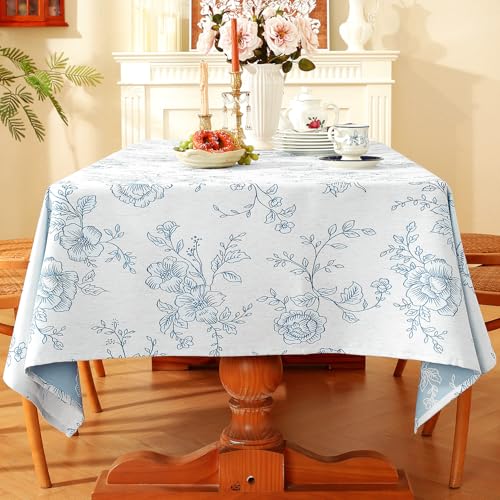 Chassic Premium Vintage Farmhouse Damask Floral 60 x 84 inch Rectangle Table Cloth – Water Resistant Linen Textured Jacquard Tablecloth for Kitchen Dining & Picnic Decor - Blue - color: Blue Flower, size: 84" x 60" (Rectangular)
