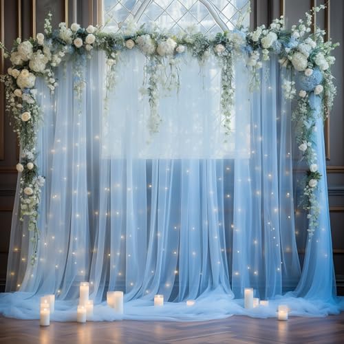 20x10ft Baby Blue Tulle Backdrop Curtain with Lights String for Parites, Sheer Backdrop Curtains for Wedding Baby Shower Birthday Party Photo Shoot Decorations - color: Baby Blue, size: 20ft x 10ft(4 Panels 5*10ft)