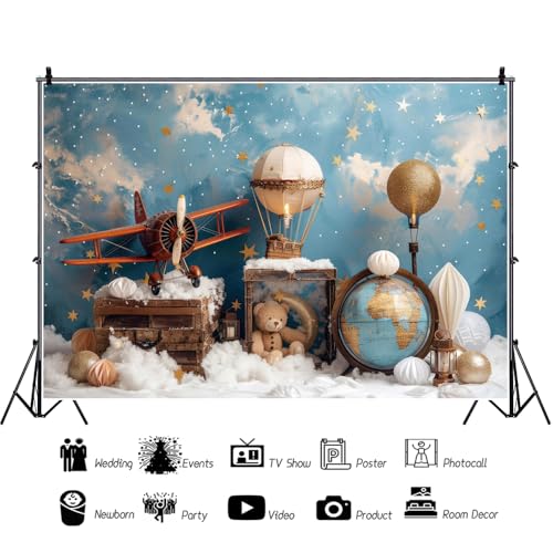 YongFoto Travel Adventure Theme Backdrop 7x5ft Cute Clouds Sky Stars Bear Globe Photography Background Adventure Awaits Baby Shower Girl Boy 1st 2nd Birthday Party Banner Kids Portraits Photoshoot - color: Style 4, size: 7ftx5ft