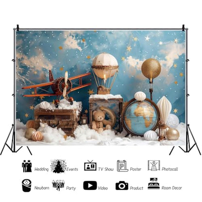 YongFoto Travel Adventure Theme Backdrop 7x5ft Cute Clouds Sky Stars Bear Globe Photography Background Adventure Awaits Baby Shower Girl Boy 1st 2nd Birthday Party Banner Kids Portraits Photoshoot - color: Style 4, size: 7ftx5ft
