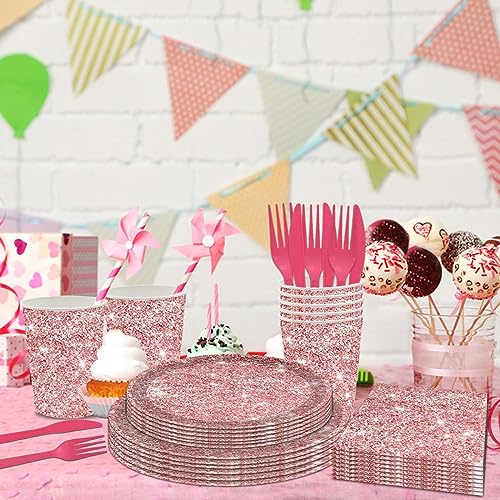 144PCS Pink Rose Gold Plates and Napkins Rose Gold Birthday Party Supplies Pink Rose Gold Party Tableware Set Pink Glitter Paper Plates Napkins Cups Forks Knives Birthday Baby Shower Decor Serve 24 - style: Pink
