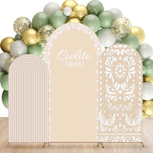 3 Pcs Mexican Arch Backdrop Cover 4Ft 5Ft 6Ft Beige Backdrop Double-Sided Arch Stand Covers Photo Background for Talavera Baby Shower Wedding Birthday Fiesta Party Decoration