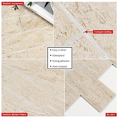 20-Sheet Greek Beige Sandstone Peel and Stick Backsplash - 13.5" x 5.8" Thickened 3D Subway Tile - 1.4X Coverage Area Grout-Free Wall Tiles for Kitchen & Bathroom (9.2 Sq.Ft) - color: Beige Sandstone Texture