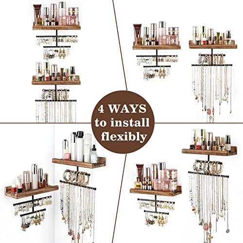 Keebofly Hanging Wall Mounted Jewelry Organizer with Rustic Wood Jewelry Holder Display for Necklaces Bracelet Earrings Ring Set of 2 Carbonized Black,[Patented] - color: Carbonized Black