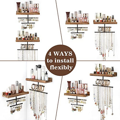Keebofly Hanging Wall Mounted Jewelry Organizer with Rustic Wood Jewelry Holder Display for Necklaces Bracelet Earrings Ring Set of 2 Carbonized Black,[Patented] - color: Carbonized Black