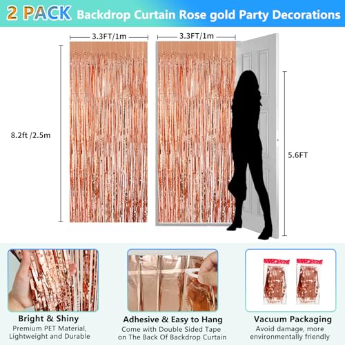 Rose Gold Birthday Party Decorations Foil Fringe Backdrop Curtain 2 Pack 3.3x8.2 Ft, Rose Gold Streamers Happy Birthday Banner Backdrop Arch Decor for Sweet 16 Women Girl Baby Shower Bridal Shower - color: Rose Gold
