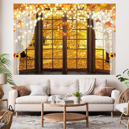 Hilioens 7x5ft Fall Windowsill Backdrop Autumn Forest Photography Background for Kids Photoshoot Maple Leaf Natural Scenery Banner Decoration Party Supplies Photo Studio Booth Props - size: 7x5ft