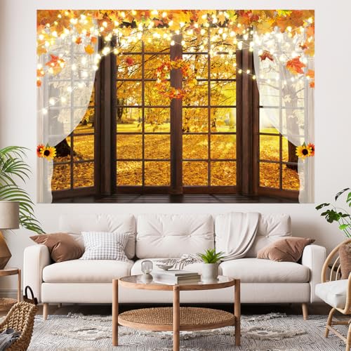 Hilioens 8x6ft Fall Windowsill Backdrops for Photography Autumn Forest Scenery Background for Photoshoot Maple Leaf Natural Scenery Banner Decoration Party Supplies Photo Studio Booth Props - size: 8x6ft