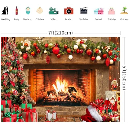 7x5FT Christmas Backdrop Vintage Fireplace Xmas Tree Garland Gifts Photography Background Family Kids Winter Holiday Christmas New Year Party Decorations Banner Photo Booth Props - size: 7x5FT
