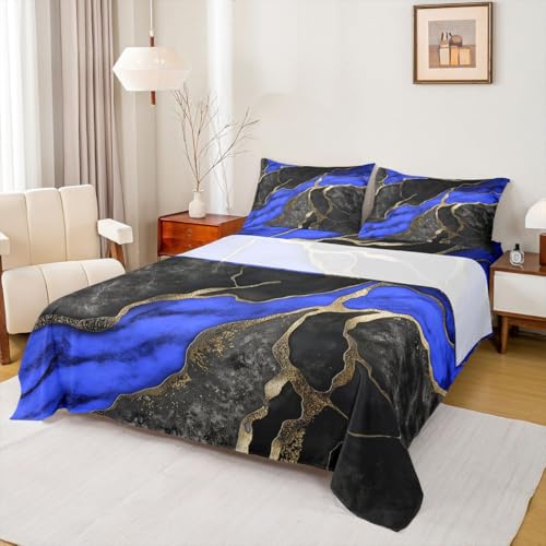 Erosebridal Black Blue Marble King Bed Sheets for Women Men Adults - Marble Minimalist Design Sheets Abstract Metallic Texture Flat Fitted Sheet Marbling Crack Bed Sets - color: Black Blue, size: King