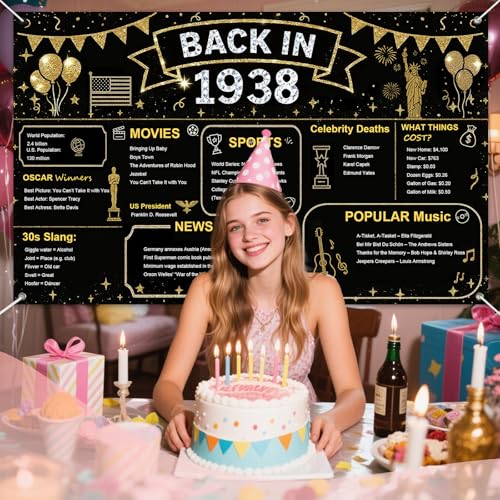 IVN Back in 1938 Backdrop Banner 71x43 Inch Black and Gold Birthday Party Decorations Photography Background Photo Booth Props for Men Women - color: Back in 1938