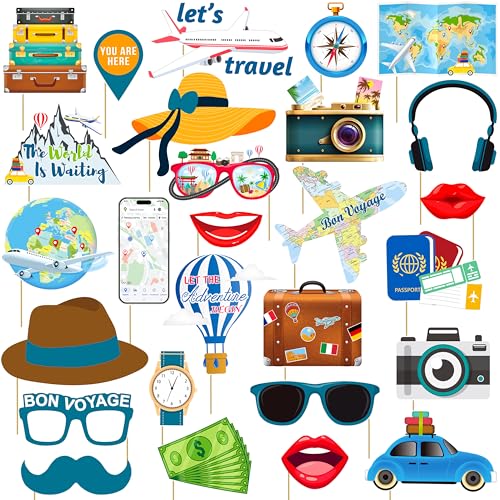 37pcs Travel Theme Party Photo Booth Props Adventure Awaits Party Decorations Let The Adventure Begin Bon Voyage Map Theme Photo Props for Farewell Retirement Around The World Party Supplies