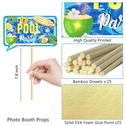 25Pcs Pool Photo Booth Props with Stick, Beach Theme Selfie Props, Summer Birthday Party Supplies, Swimming Photography Backdrop Decorations