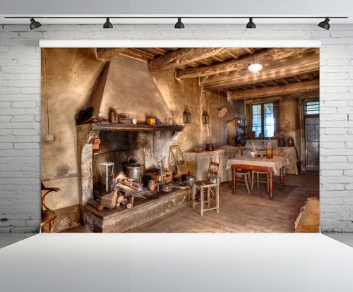 12x10ft Old Farmhouse Kitchen Backdrop Western Old Wooden House Kitchen Interior Rustic Background Rural Farmhouse Fireplace Cooking Background Farmers Cowboys Portrait Photo Props - size: 12x10ft