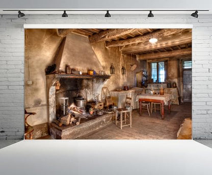 10x8ft Old Farmhouse Kitchen Backdrop Western Old Wooden House Kitchen Interior Rustic Background Rural Farmhouse Fireplace Cooking Background Farmers Cowboys Portrait Photo Props - size: 10x8ft