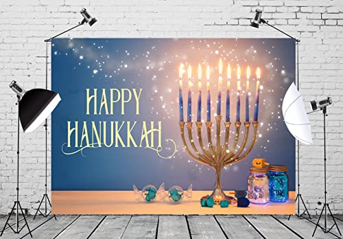 BELECO 5x3ft Fabric Happy Hanukkah Photography Backdrop Menorah Glitter Bokeh Lights Gyro Chanukah Holiday Decorations Banner Background Jewish Holy Festival Israel Party Supplies Studio Photo Props - size: 5x3FT