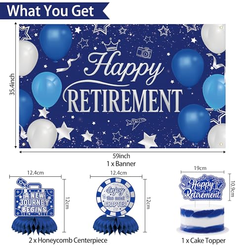 Holkcog Blue Retirement Party Decorations for Women, Silver Blue Happy Retired Banner Backdrop Paper Fan Hanging Swirls for Coworker, I'm Retired Cake Top & Honeycomb Set, Great for Retiring Women - style: Blue