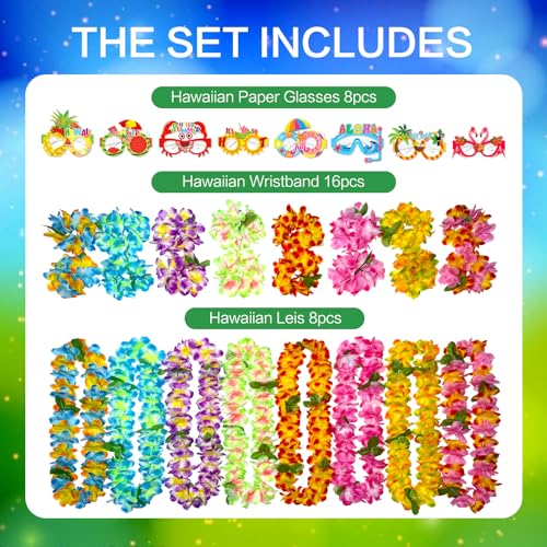 GoodUping 32pcs Hawaiian Leis Party Set with 8 Necklaces, 16 Wristbands, 8 Photo Booth Glasses for Tropical Luau, Summer Beach Birthday, Pool Party Decorations & Favors - size: 32pcs