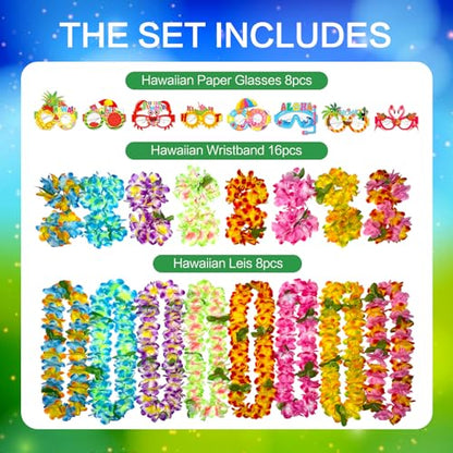 GoodUping 32pcs Hawaiian Leis Party Set with 8 Necklaces, 16 Wristbands, 8 Photo Booth Glasses for Tropical Luau, Summer Beach Birthday, Pool Party Decorations & Favors - size: 32pcs
