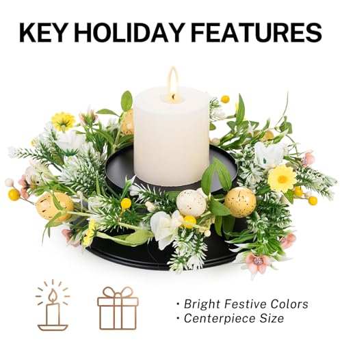 MOYEE Candle Holder Centerpieces for Tables,Candle Ring,Wreaths, Black Metal Candle Stick Paired Artificial Flowers 14 in Versatile Dining Table Centrepiece - color: Easter Egg Wreath