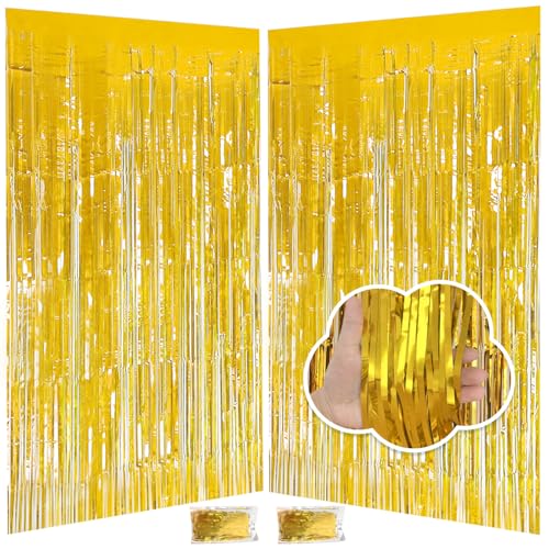Gold Tinsel Backdrop Easter Decorations 3.3x8.2 ft, 2 Pack Foil Fringe Curtains for New Year, Photo Booth Props Door Streamers for St Patricks Day Birthday Thanksgiving Christmas Halloween Party - color: Gold