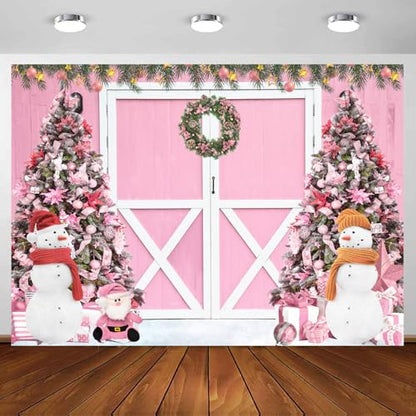 8 x 6 ft Christmas Photography Backdrop, Pink Xmas Tree Winter Snowing Christmas Hili Barn Door Photo Shoot Props Backround Party Banner Decoration - size: 8 x 6 ft
