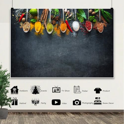 12x8ft Condiment Spice Backdrop Scoop Colorful Condiment Seasoning Food Cooking Material Black Plate Photography Background Party Conference Cuisine Video Studio Photo Props Polyester - size: 12x8ft-polyester