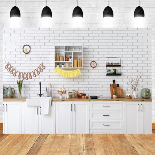 20x10ft Easter Kitchen Backdrop White Brick Wall Background with Bunny Eggs Bunting Banner Easter Photo Booth Prop Spring Theme Kitchen Scene Decoration for Events and Home Styling - color: color 1, size: 20x10ft