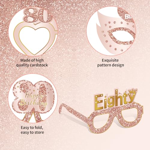 Guiruiy 24PCS 80th Birthday Eyeglasses Decorations for Women, Pink Rose Gold Happy 80th Birthday Paper Eyeglasses Party Supplies, Eighty Year Old Bday Glasses - style: Rose Gold 80th