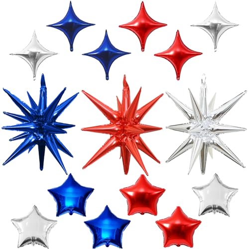 Star Balloons, 22in Red White and Blue Star Balloons Foil 10in 4-Pointed & Pentagram Balloon for 4th of July Independence Day Birthday Party Patriotic Decoration - color: Navy Red Silver