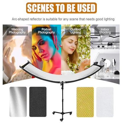 Clamshell Light Reflector Diffuser with Rolling Stand and Carrying Bag, 70"x24"/180x60cm Arclight Curved Lighting Reflector for Photo Studio Photography with White/Gold/Silver/Black Colors by MCCKLE