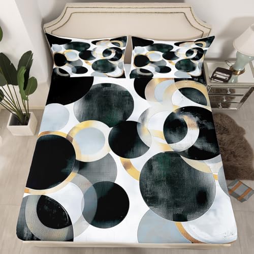 Erosebridal Black and White Fitted Sheet Twin, Modern Abstract Bed Sheets for Boys Girls Geometric Circle Print Bed Set Minimalist Wind Stylish Sheets with 1 Pillowcase - color: White Black Gold, size: Twin(No Top Sheet)